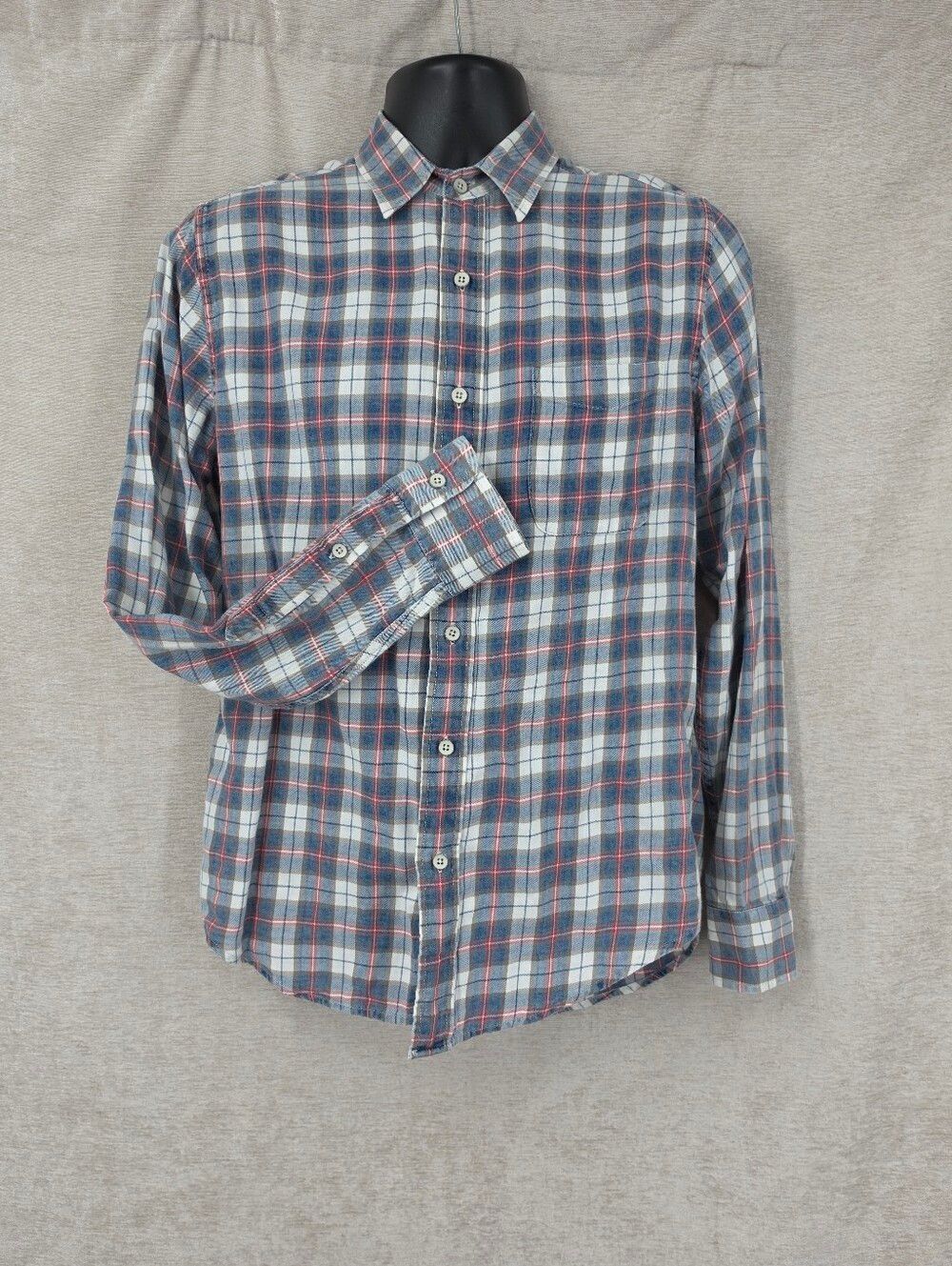 Faherty Indigo Dyed Blue and White Plaid Button Up Shirt Cotton Long Sleeve